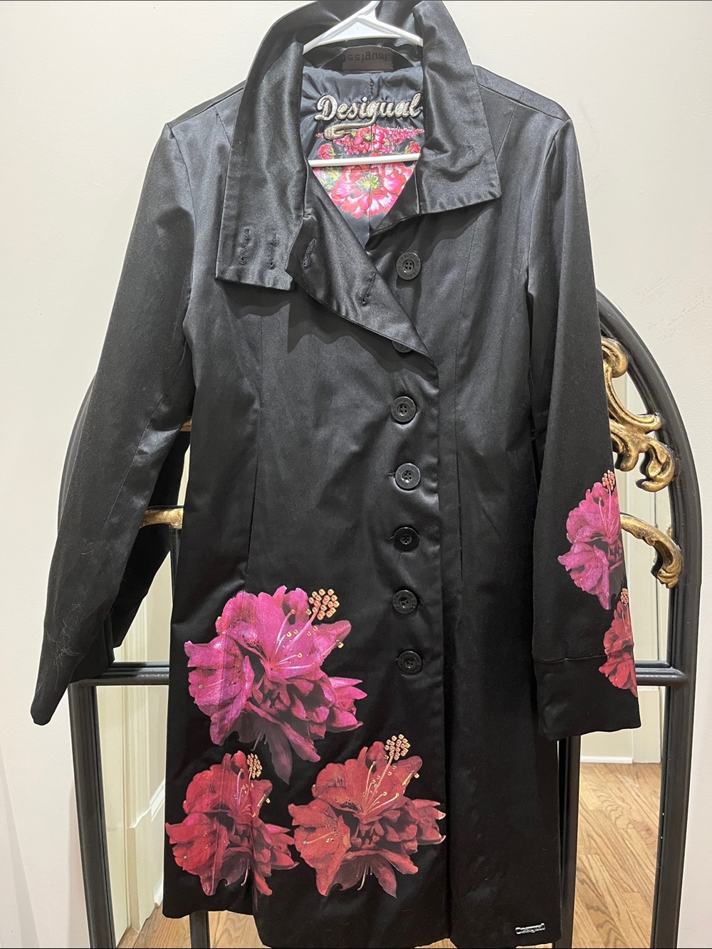 Desigual Black Trench Coat with Pink Floral Accents